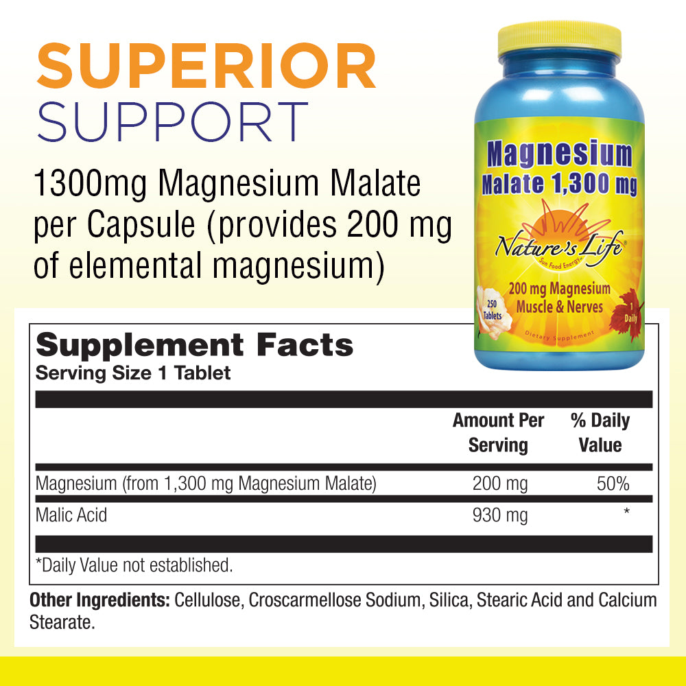 Nature's Life Magnesium Malate 1300mg 250 tablets 200mg elemental - free delivery on single items